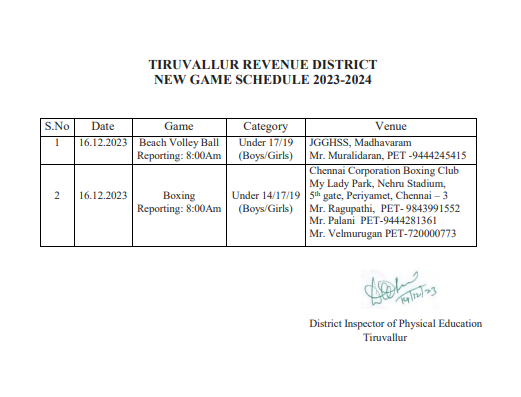 Tiruvallur District Sports Schedule